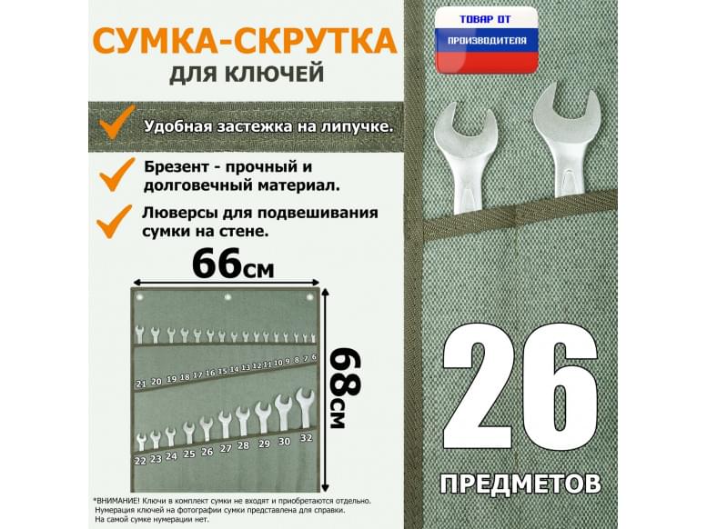 Сумка-скрутка для рожковых (накидных, гаечных, комбинированных) ключей 6-32 мм (26 предметов). Материал: брезент.
