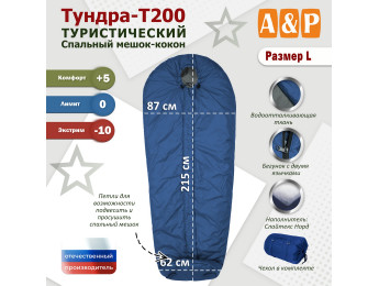 Спальный мешок туристический "Тундра - Т200". Размер L. Цвет: синий с серым.